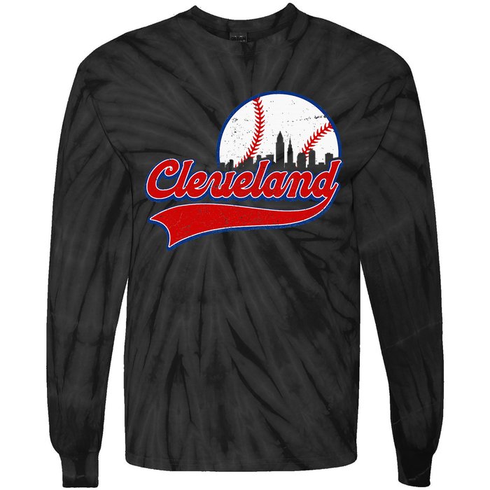 Vintage Cleveland City Downtown Skylines Baseball Fans Lover Tie-Dye Long Sleeve Shirt