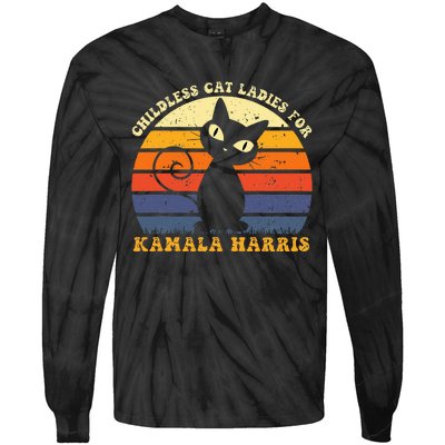 Vintage Childless Cat Ladies For Kamala Harris Retro Cat Tie-Dye Long Sleeve Shirt