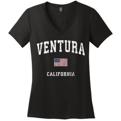 Ventura California Ca Vintage American Flag Sports Design Women's V-Neck T-Shirt
