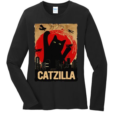 Vintage Catzilla Cat Lovers City Attack Funny Cat Ladies Long Sleeve Shirt