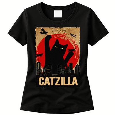 Vintage Catzilla Cat Lovers City Attack Funny Cat Womens T-Shirt