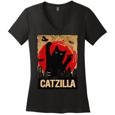 Vintage Catzilla Cat Lovers City Attack Funny Cat Women's V-Neck T-Shirt