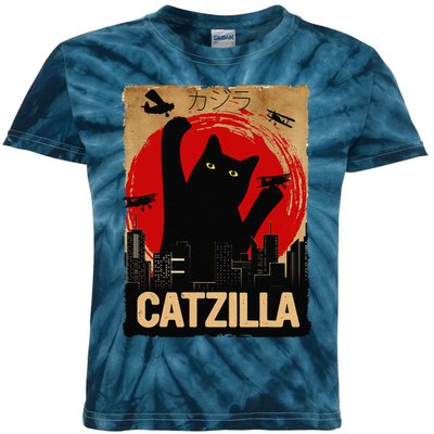 Vintage Catzilla Cat Lovers City Attack Funny Cat Kids Tie-Dye T-Shirt