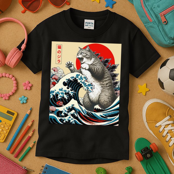 Vintage Catzilla Cat Monster Art Kids T-Shirt