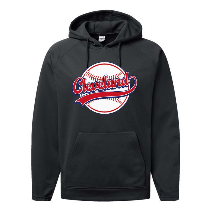 Vintage Cleveland Cityscape Baseball Lover Player And Fans Performance Fleece Hoodie