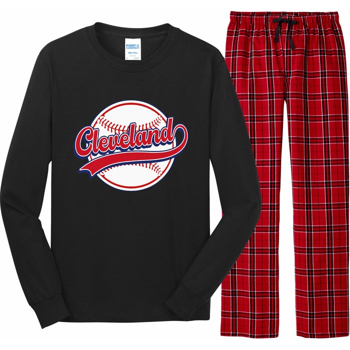 Vintage Cleveland Cityscape Baseball Lover Player And Fans Long Sleeve Pajama Set