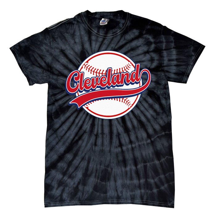 Vintage Cleveland Cityscape Baseball Lover Player And Fans Tie-Dye T-Shirt