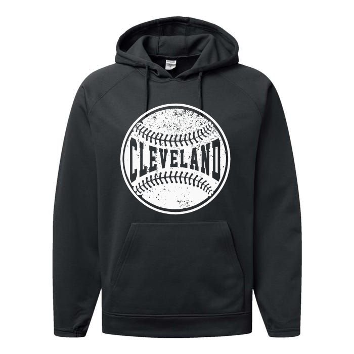 Vintage Cleveland Cityscape Baseball Lover Player And Fans Performance Fleece Hoodie