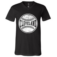 Vintage Cleveland Cityscape Baseball Lover Player And Fans V-Neck T-Shirt