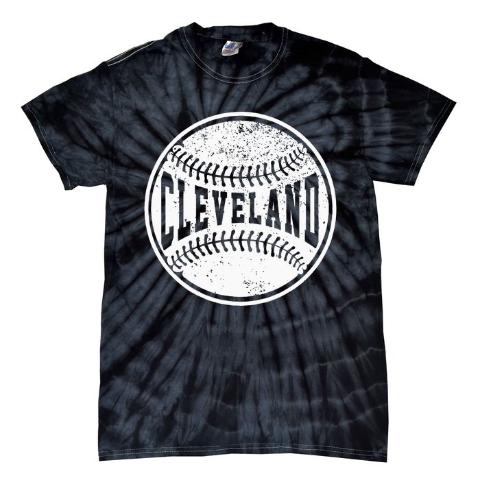 Vintage Cleveland Cityscape Baseball Lover Player And Fans Tie-Dye T-Shirt