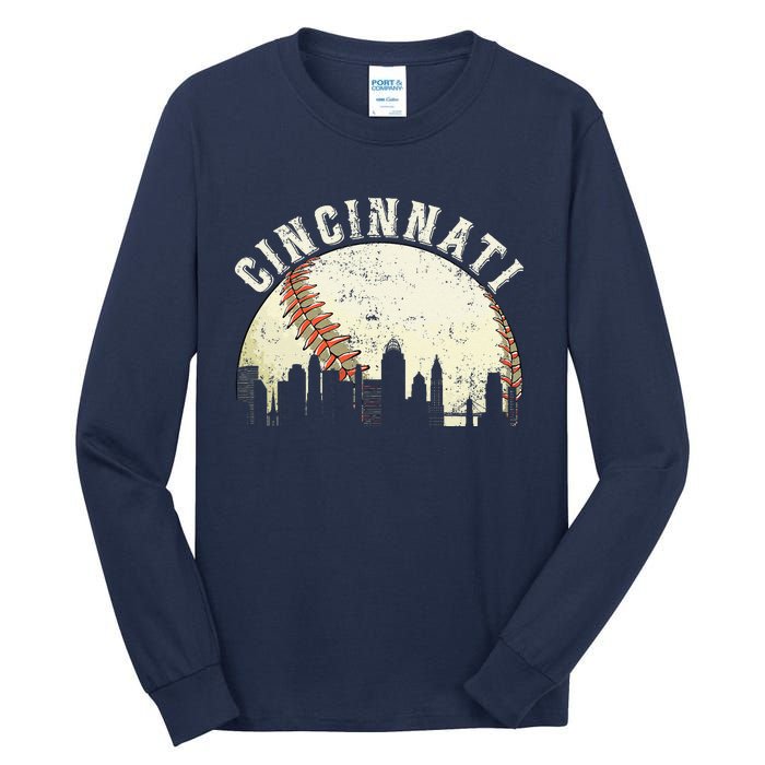 Vintage Cincinnati Cityscape Baseball Lover Tall Long Sleeve T-Shirt