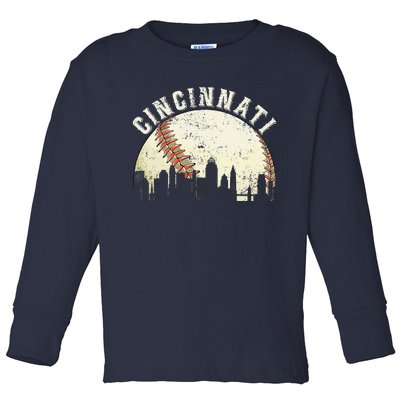 Vintage Cincinnati Cityscape Baseball Lover Toddler Long Sleeve Shirt