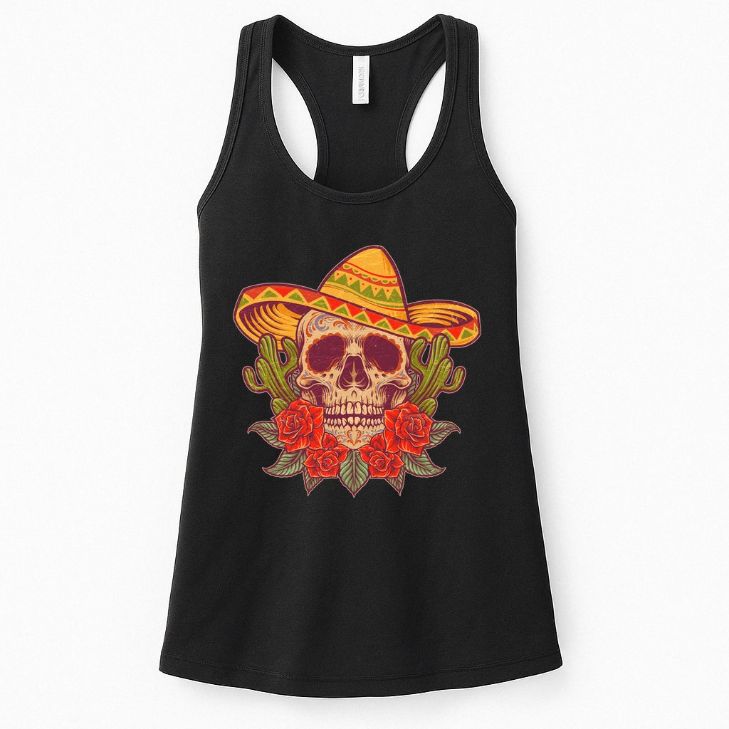 Vintage Cinco De Mayo Sombrero Skull Womens Tank Top