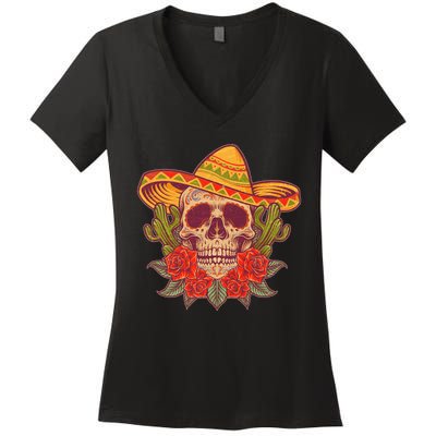Vintage Cinco De Mayo Sombrero Skull Women's V-Neck T-Shirt