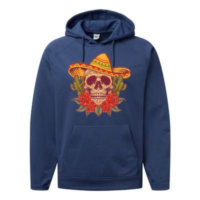 Vintage Cinco De Mayo Sombrero Skull Performance Fleece Hoodie