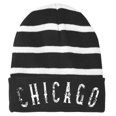 Vintage Chicago Distressed Striped Beanie with Solid Band