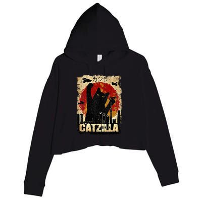 Vintage Catzilla Funny Kitten and Cat  Crop Fleece Hoodie