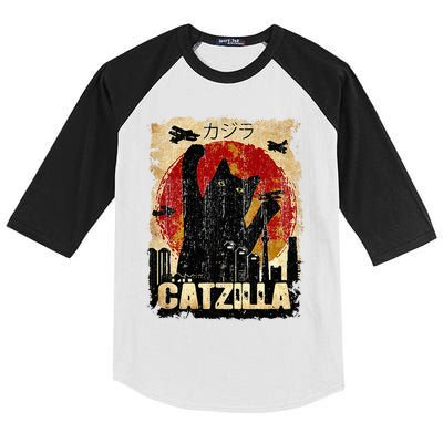 Vintage Catzilla Funny Kitten and Cat  Kids Colorblock Raglan Jersey