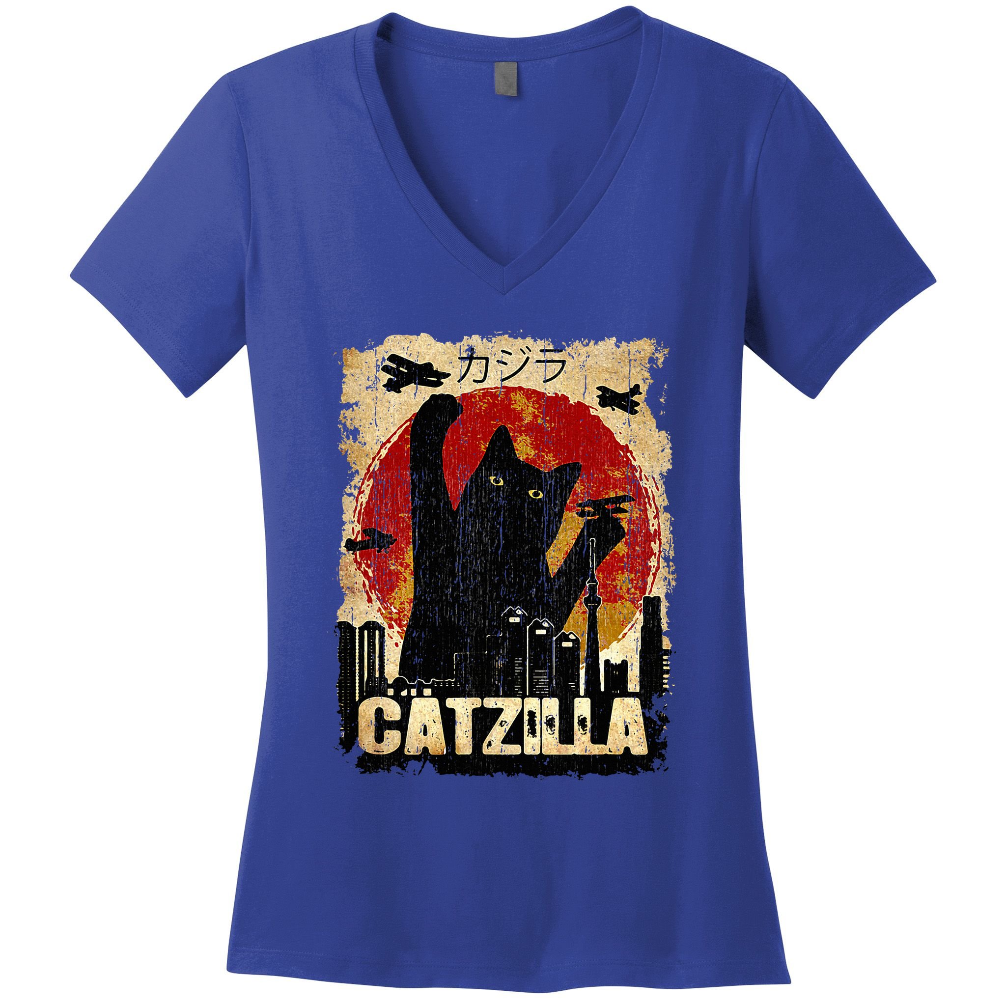 Vintage Catzilla Funny Kitten and Cat  Women's V-Neck T-Shirt