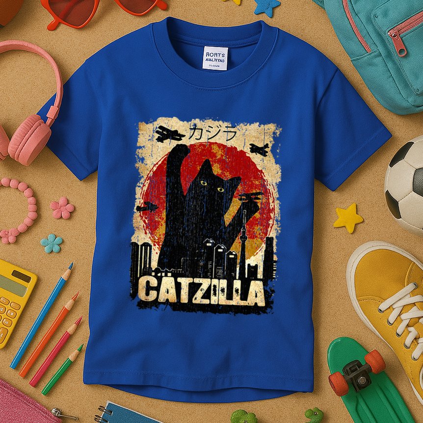 Vintage Catzilla Funny Kitten and Cat  Kids T-Shirt
