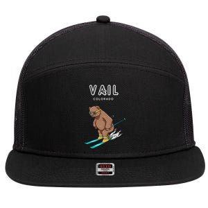 Vail Colorado Funny Ski Grizzly Bear Gift 7 Panel Mesh Trucker Snapback Hat