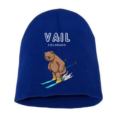 Vail Colorado Funny Ski Grizzly Bear Gift Short Acrylic Beanie