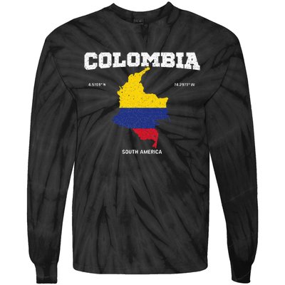 Vintage Colombian Flag Colombia Coordinates Tie-Dye Long Sleeve Shirt