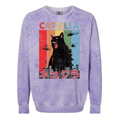 Vintage Catzilla Funny Kitten And Cat Lover Colorblast Crewneck Sweatshirt