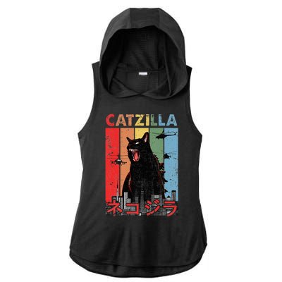 Vintage Catzilla Funny Kitten And Cat Lover Ladies PosiCharge Tri-Blend Wicking Draft Hoodie Tank