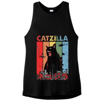 Vintage Catzilla Funny Kitten And Cat Lover Ladies PosiCharge Tri-Blend Wicking Tank