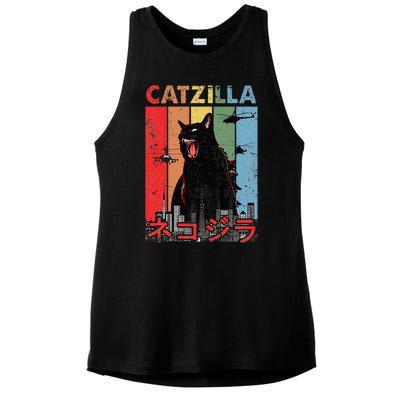 Vintage Catzilla Funny Kitten And Cat Lover Ladies PosiCharge Tri-Blend Wicking Tank