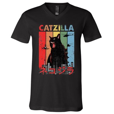 Vintage Catzilla Funny Kitten And Cat Lover V-Neck T-Shirt