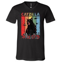 Vintage Catzilla Funny Kitten And Cat Lover V-Neck T-Shirt