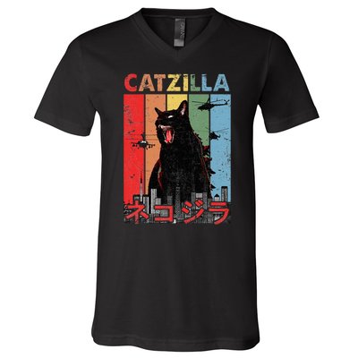 Vintage Catzilla Funny Kitten And Cat Lover V-Neck T-Shirt