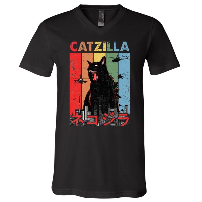 Vintage Catzilla Funny Kitten And Cat Lover V-Neck T-Shirt