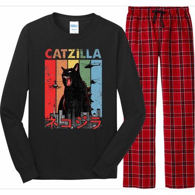 Vintage Catzilla Funny Kitten And Cat Lover Long Sleeve Pajama Set