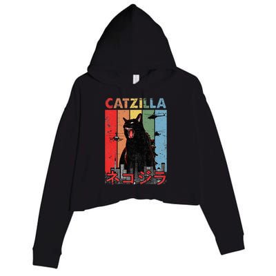 Vintage Catzilla Funny Kitten And Cat Lover Crop Fleece Hoodie