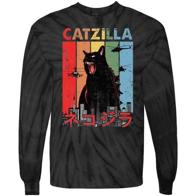 Vintage Catzilla Funny Kitten And Cat Lover Tie-Dye Long Sleeve Shirt