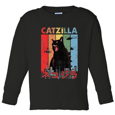Vintage Catzilla Funny Kitten And Cat Lover Toddler Long Sleeve Shirt