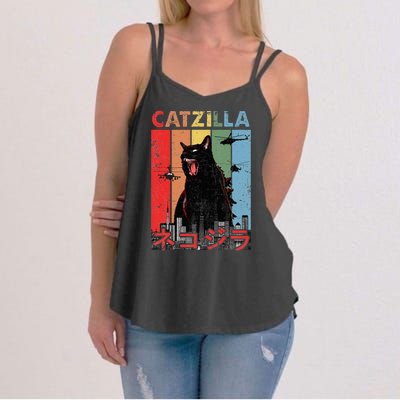 Vintage Catzilla Funny Kitten And Cat Lover Women's Strappy Tank