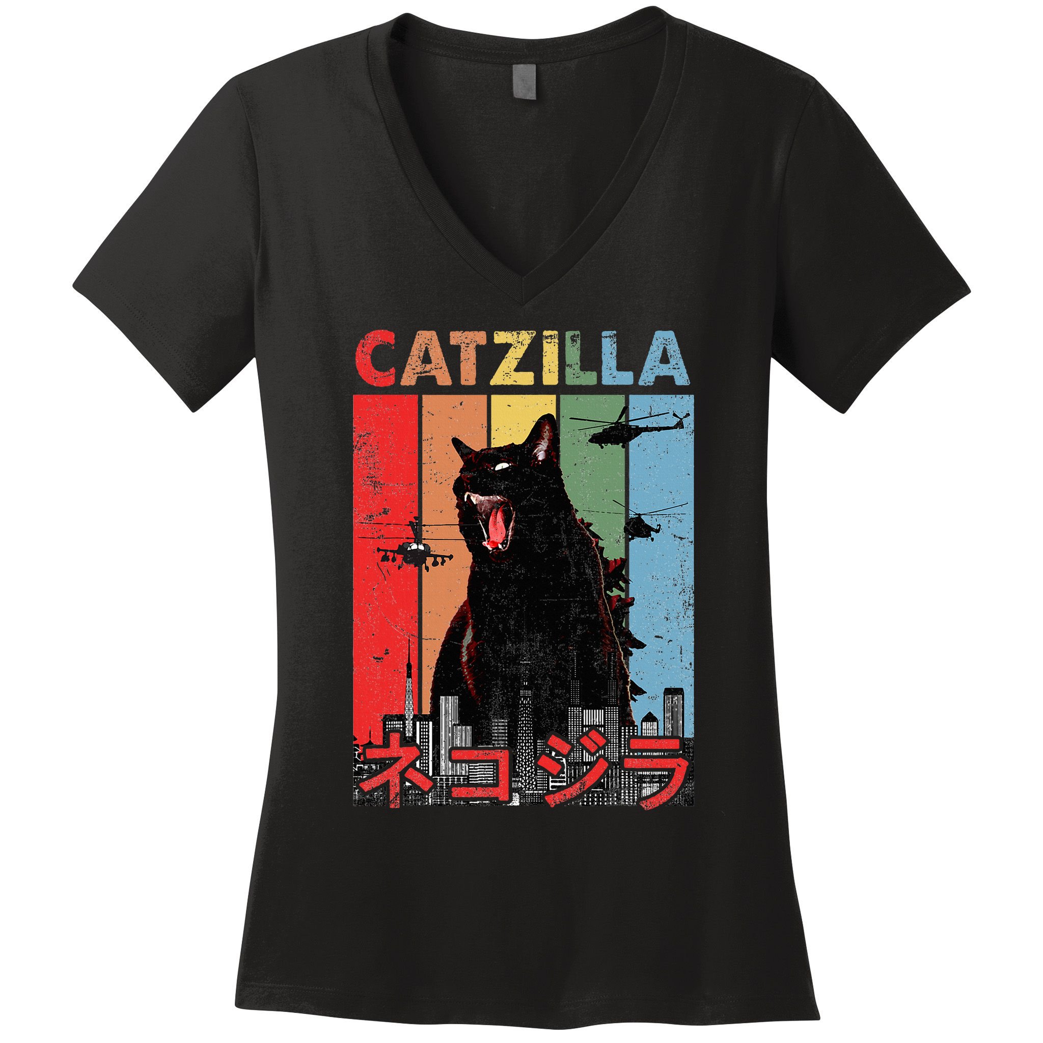 Vintage Catzilla Funny Kitten And Cat Lover Women's V-Neck T-Shirt