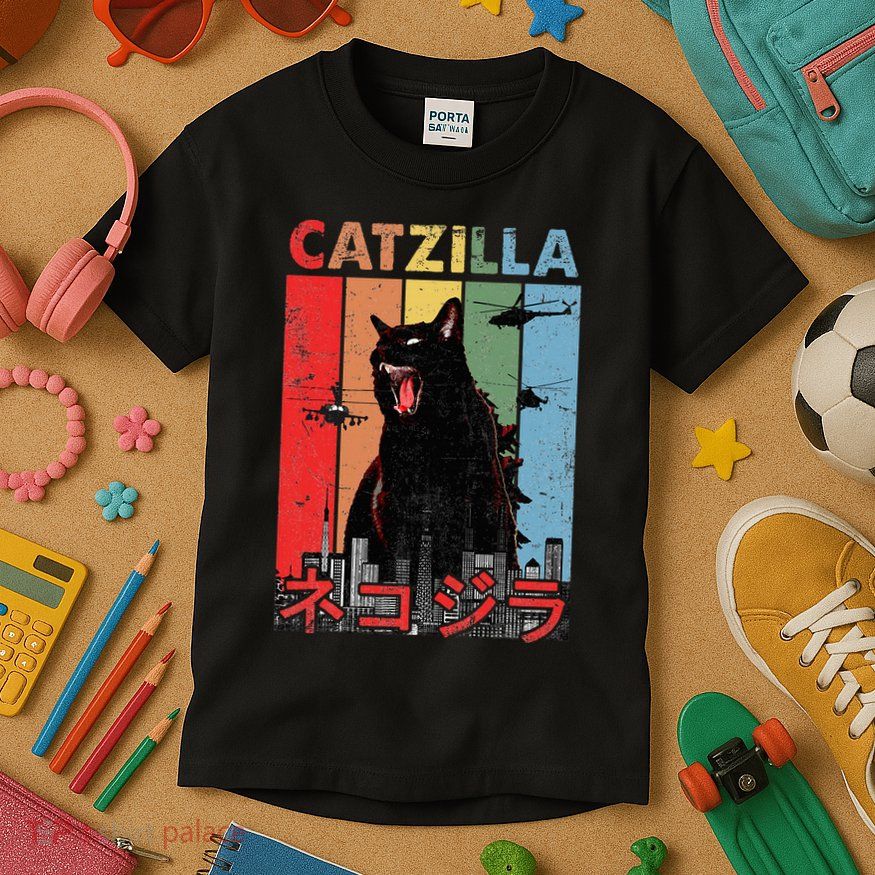 Vintage Catzilla Funny Kitten And Cat Lover Kids T-Shirt