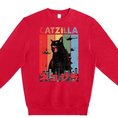 Vintage Catzilla Funny Kitten And Cat Lover Premium Crewneck Sweatshirt