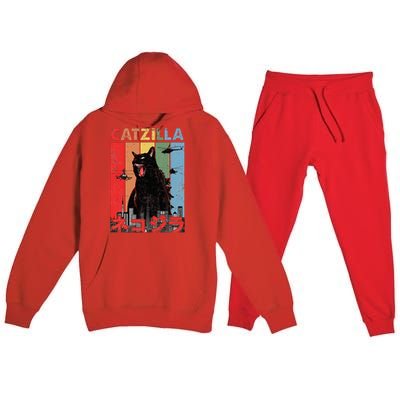 Vintage Catzilla Funny Kitten And Cat Lover Premium Hooded Sweatsuit Set