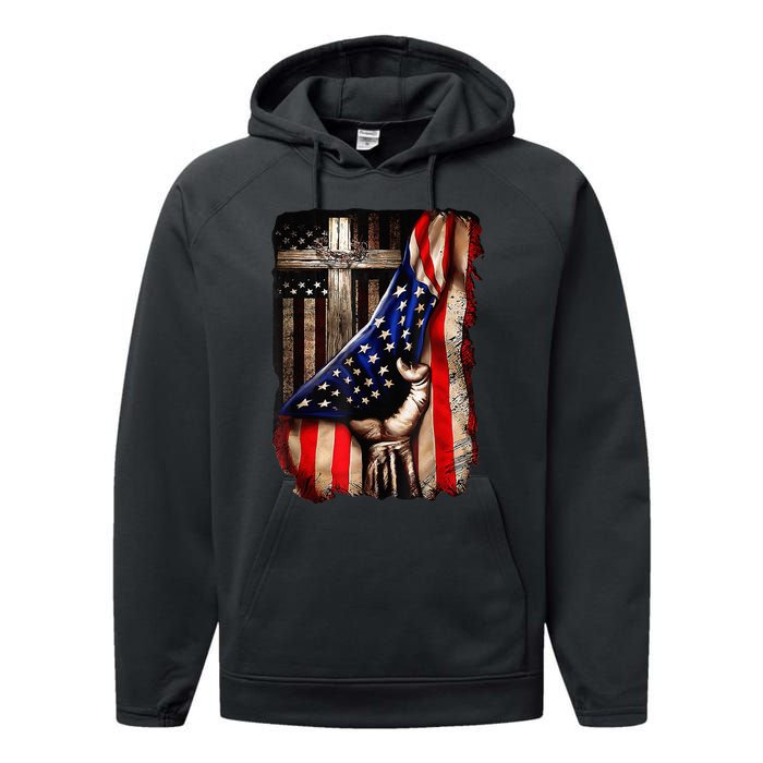 Vintage Christian Faith Over Fear Jesus Cross American Flag Performance Fleece Hoodie