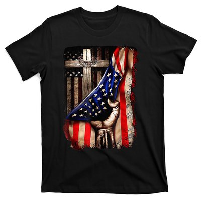 Vintage Christian Faith Over Fear Jesus Cross American Flag T-Shirt