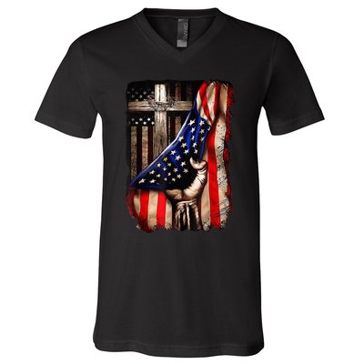 Vintage Christian Faith Over Fear Jesus Cross American Flag V-Neck T-Shirt