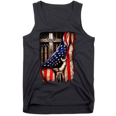 Vintage Christian Faith Over Fear Jesus Cross American Flag Tank Top