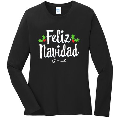 Vintage Christmas Feliz Navidad Retro Mexican Spanish Xmas Gift Ladies Long Sleeve Shirt