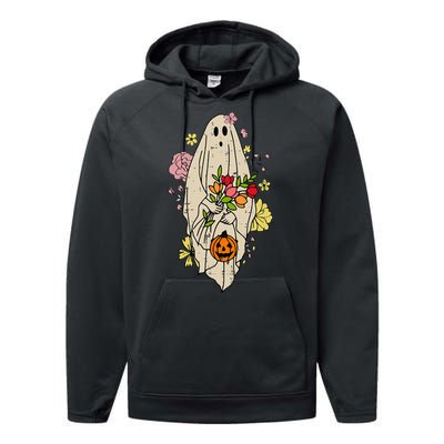 Vintage Cute Floral Ghost Halloween Pumpkin Costume Funny Performance Fleece Hoodie